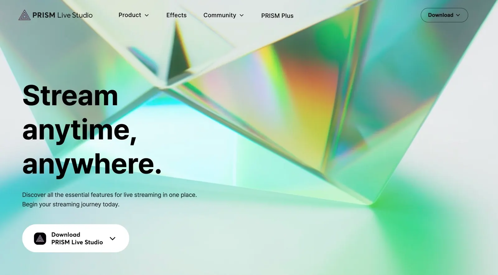 PRISM Live Studio homepage promoting free cross-platform streaming with mobile support, one of the multistreaming platforms reviewed here