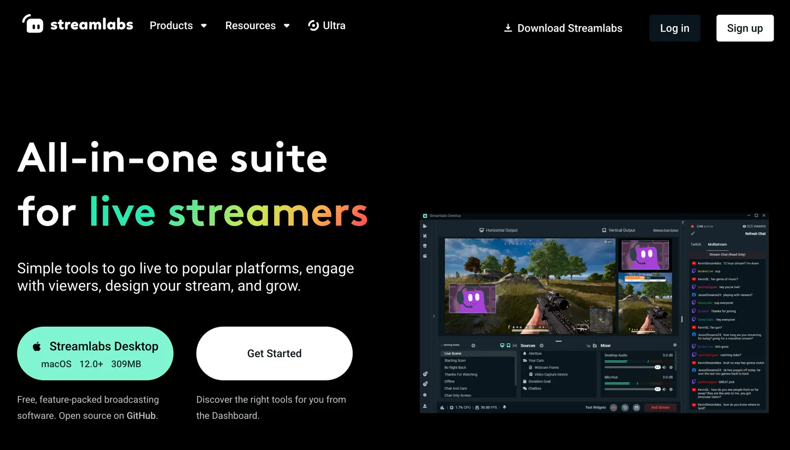 Streamlabs homepage showing its all-in-one suite for live streamers, a free OBS-based alternative with built-in alerts