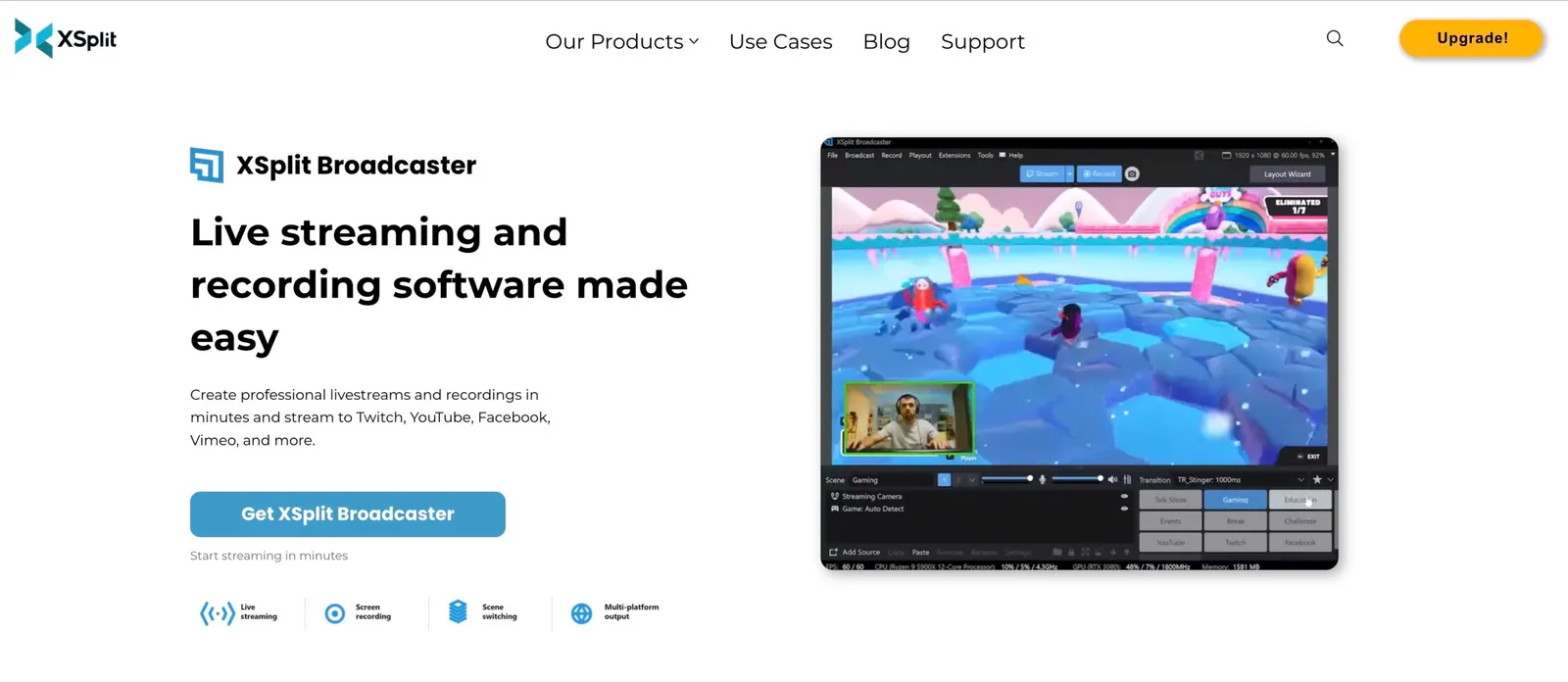 XSplit Broadcaster homepage showing its live streaming and recording software alongside the scene switching interface