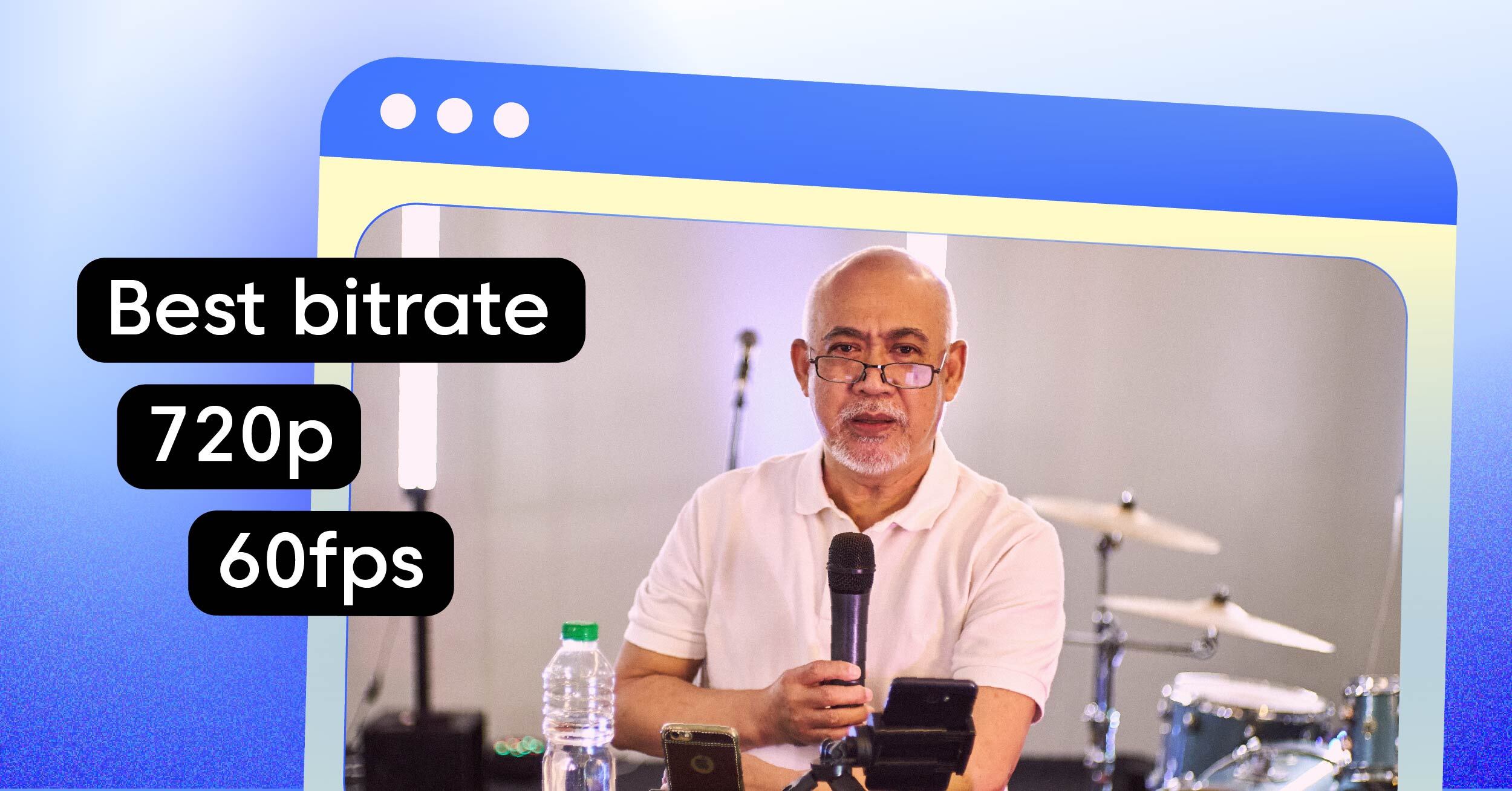 Best bitrate for 720p 60fps streaming thumbnail showing a speaker with microphone and 720p 60fps bitrate settings for high-quality live video streaming and encoding optimization.