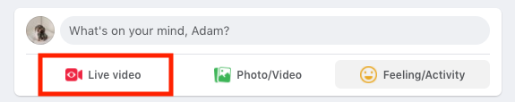 Facebook status composer with the "Live video" button highlighted in red, the starting point for connecting Castr to Facebook Live