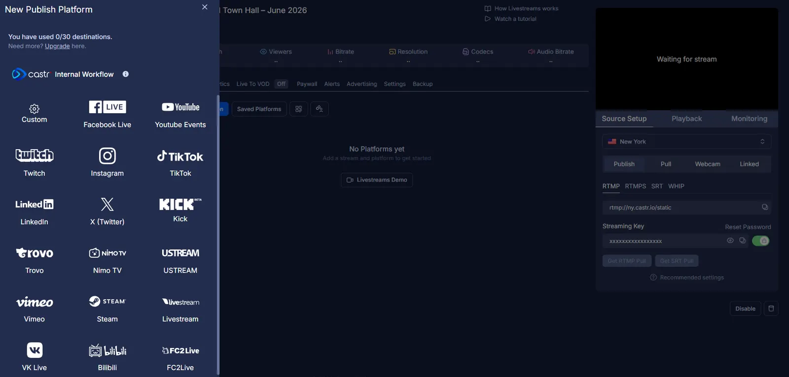 Castr's New Publish Platform panel listing multistream destinations for a town hall meeting, including YouTube, Facebook Live, Twitch, Instagram, and LinkedIn