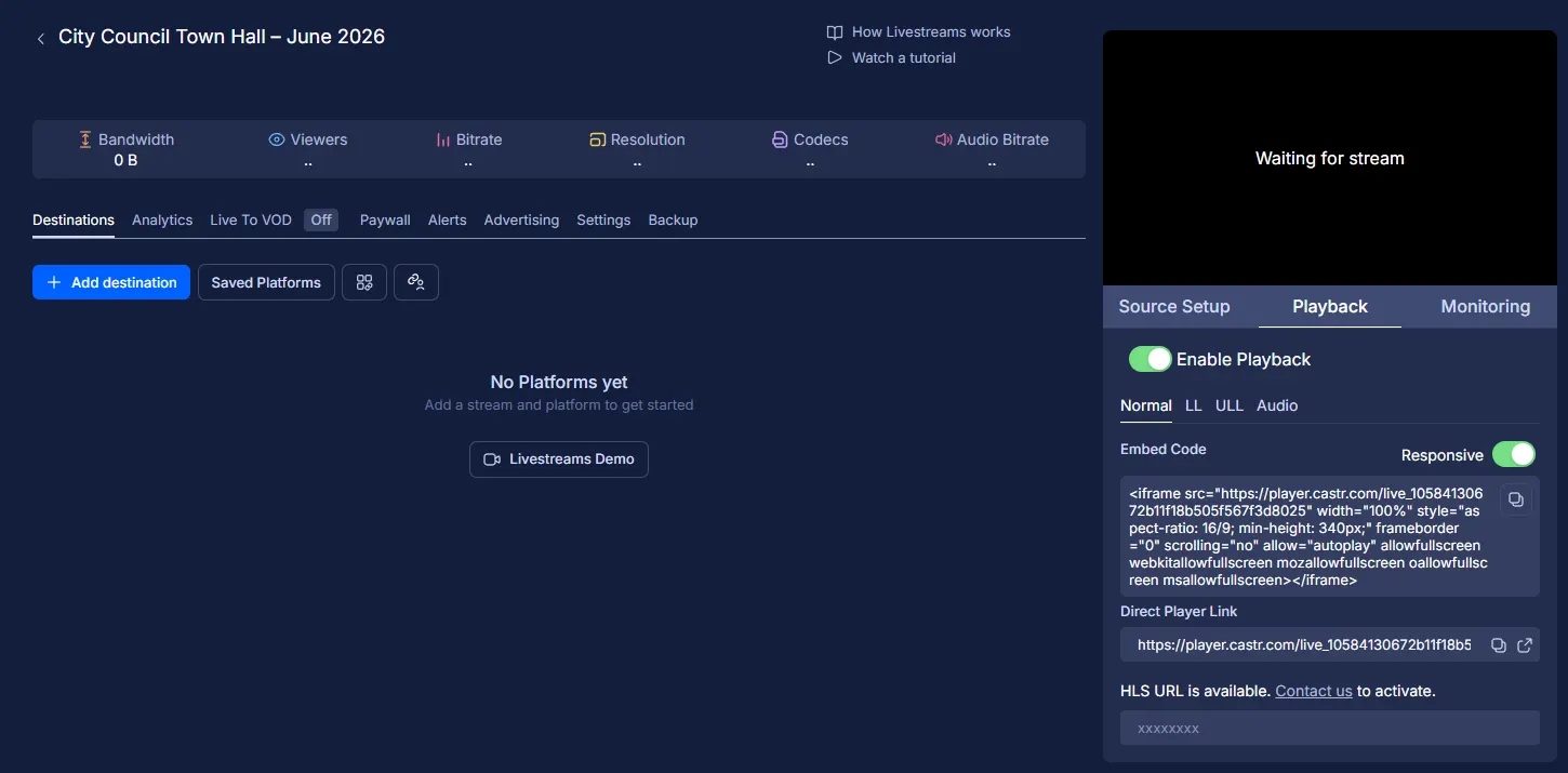 Castr Playback tab showing the iframe embed code and direct player link for embedding the town hall meeting live stream on a website