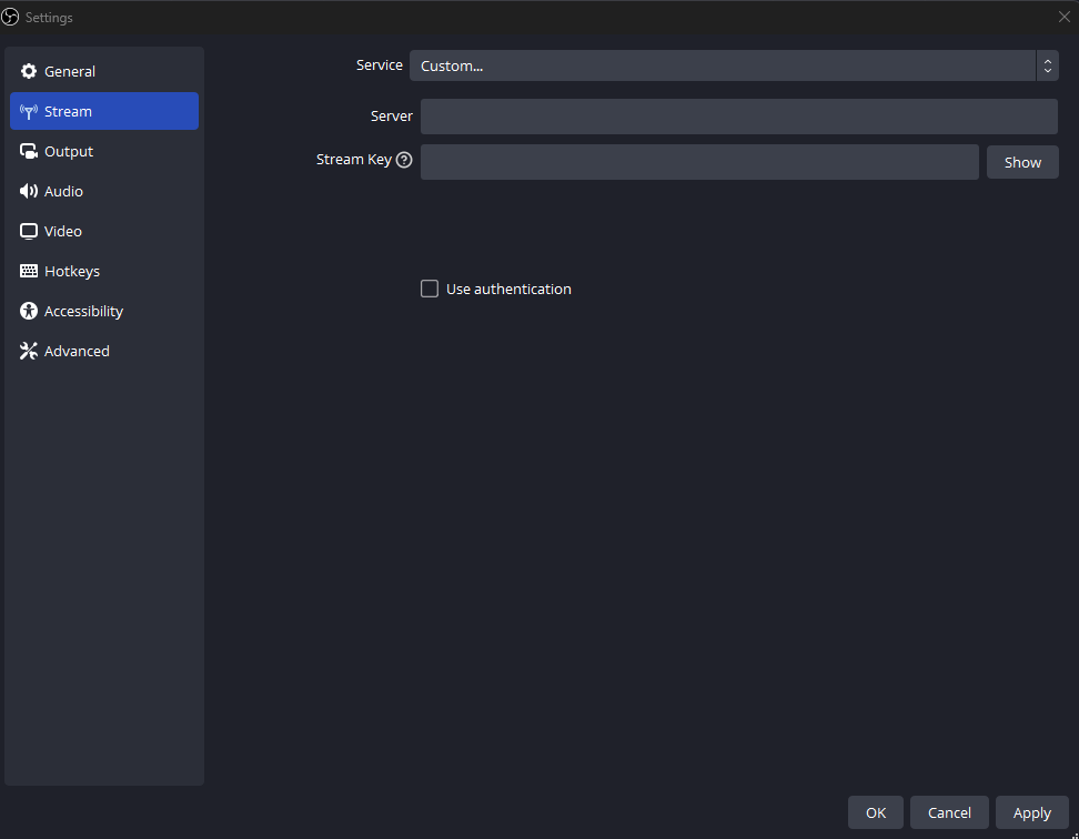 OBS Studio Stream settings with Service set to Custom, where the Castr server URL and stream key are pasted to live stream a town hall meeting