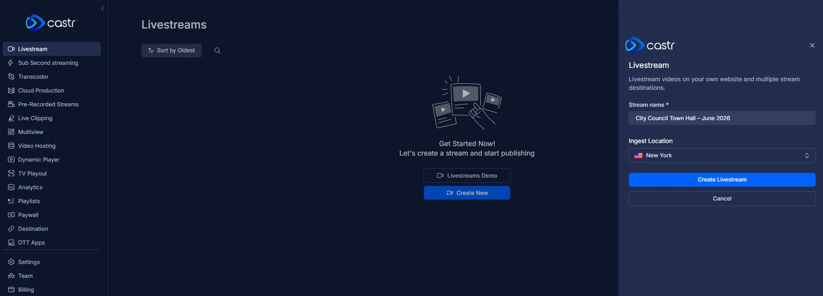 Creating a new Castr livestream named "City Council Town Hall – June 2026" with New York selected as the ingest location